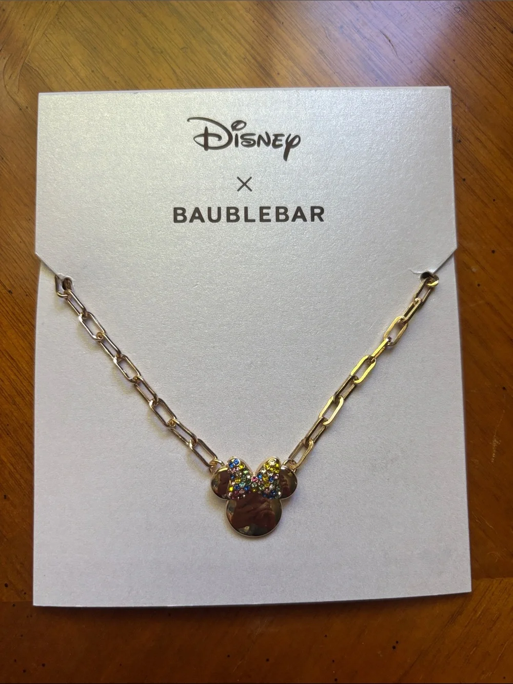 NWOT Disney x Baublebar Gold Minnie Mouse Kids Necklace with Multicolor Bow